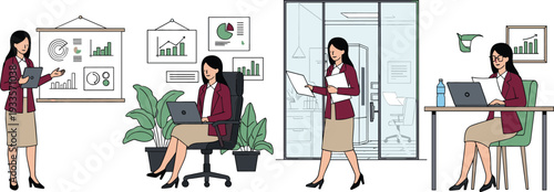 Flat vector illustration set of a businesswoman in professional attire managing office tasks giving presentations and working at desk