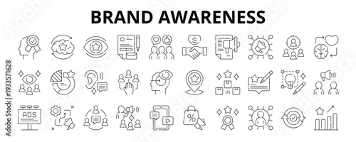 30 Brand Awareness Line Icons Vector - Recognition, Recall, Visibility, Engagement, Impression, Perception, Reputation, Differentiation