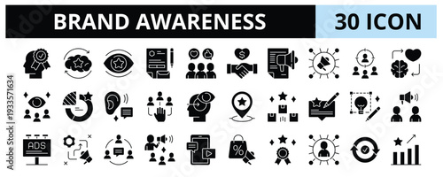 30 Brand Awareness Glyph Icons Vector - Recognition, Recall, Visibility, Engagement, Impression, Perception, Reputation, Differentiation