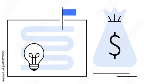 Lightbulb and streamlined pathway with goal flag next to money bag illustrating innovation, business strategy, financial growth, and achievement. Ideal for entrepreneurship, startups, planning, goal
