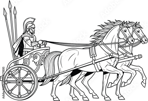 Black and white line art vector illustration of an ancient Roman soldier driving a horse-drawn war chariot with spears