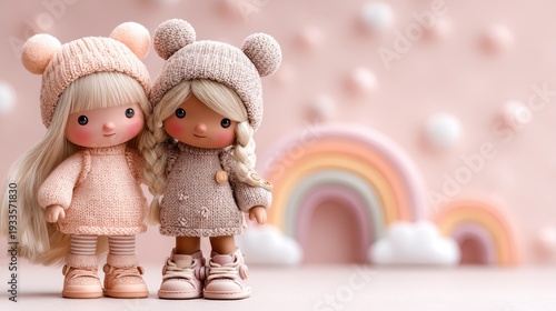 Two Charming Dolls with Soft Features and Cozy Knit Outfits Posing in Front of a Pastel Rainbow and Fluffy Clouds in a Cheerful Setting