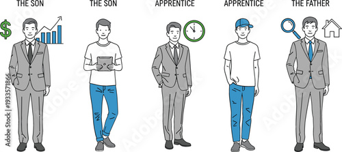 Male character set illustrating the son apprentice and father roles with business icons representing career growth financial success and professional evolution vector