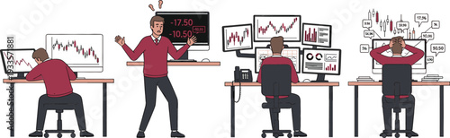 Flat vector illustration set of a male stock market trader analyzing financial charts on multiple computer monitor screens
