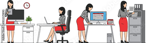 Modern businesswoman character set working at desk with computer laptop and filing documents in a professional office environment vector