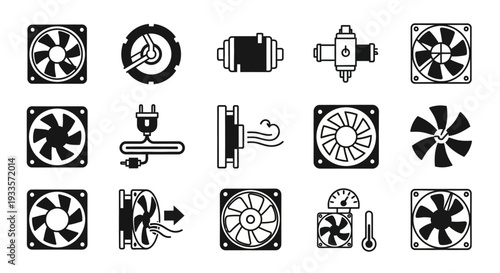 Assorted mechanical fan icons in various designs and configurations displayed together in a grid layout on a simple background