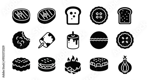 Collection of various food icons displayed on a clean white background from a straightforward viewpoint