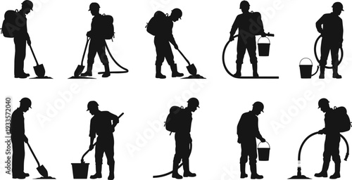 Silhouette workers cleaning, sanitation labor vector illustration, maintenance staff with tools, shovels, hoses, buckets, spraying equipment, industrial hygiene, occupational safety concept