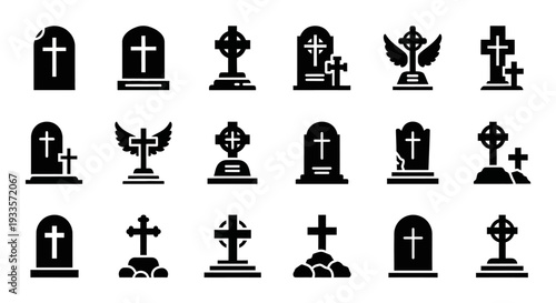 Collection of Tombstones and Crosses Illustrations on White Background from Direct Viewpoint
