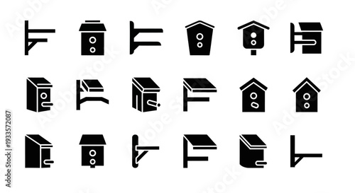 Collection of security camera icons depicting surveillance devices from various viewpoints in a simple black and white illustration style