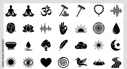 A collection of spiritual symbols and icons representing various aspects of meditation and mindfulness practices