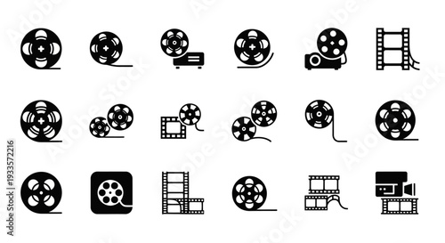 Collection of film reels and cinematic equipment icons displayed in a grid layout