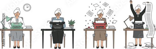Elderly female author character set writing on vintage typewriter at desk with paper documents and clock vector illustration
