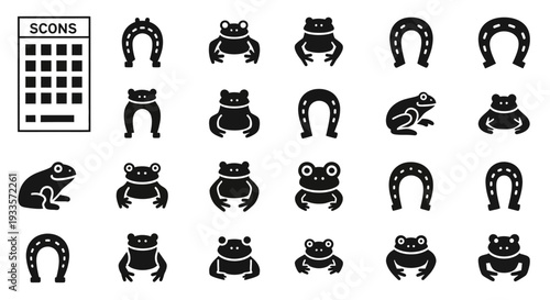 Collection of frogs and horseshoes icons in various poses on a grid layout