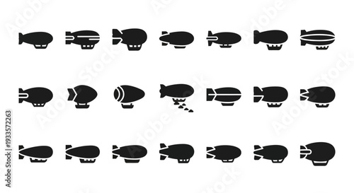 Collection of various blimp icons displayed in a grid pattern on a clean white background from a straightforward viewpoint