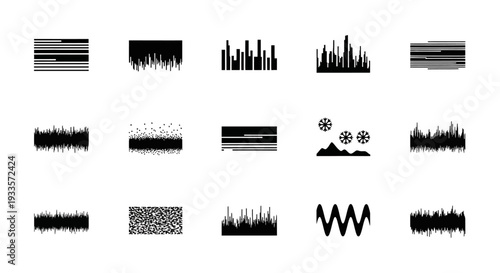Collection of diverse sound wave patterns and graphic equalizer visualizations in black and white
