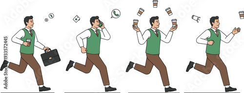 Busy businessman character set running while multitasking with coffee cups carrying briefcase and talking on phone vector office illustration