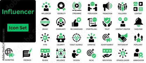 Silhouette vector of Influencer icon set. Icons of content creator tools, engagement, community, video, endorsement, rating, certificate, livestream, webinar, editable stroke. Solid icons set.