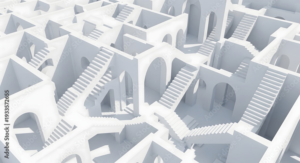 Obraz premium Intricate white architectural labyrinth of interconnected stairs and arches, creating a complex, surreal geometric puzzle with infinite pathways