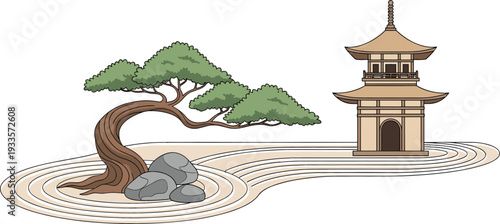 Japanese Zen garden vector illustration featuring a traditional pagoda building, curved bonsai pine tree, rocks, and raked sand