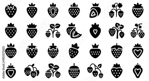 Collection of various strawberry icons in different designs and styles displayed together