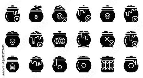 Collection of various black cauldrons with unique designs on a white background viewed from the front