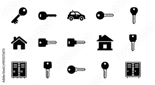 Collection of various icons representing keys and related objects in black and white