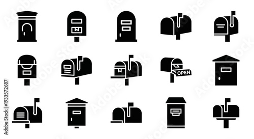 Collection of various mailbox icons displayed in a grid arrangement on a clean background from a straightforward viewpoint