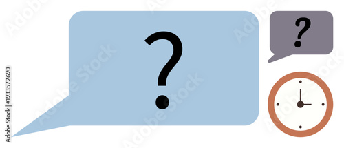 Decision making, time management, communication, problem-solving, planning, delay. Blue speech bubble with a question mark next to gray bubble and clock. Decision making and time management concept