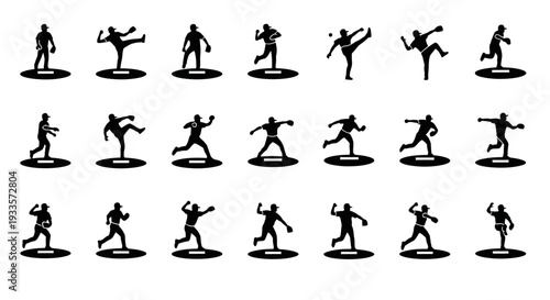 Silhouettes of martial artists in various dynamic poses on white background