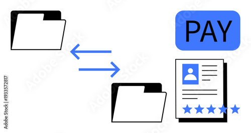 File folders exchanging data represented by arrows, payment concept with a PAY button, and user profile document featuring a star rating. Ideal for data sharing, digital payment, user rating system