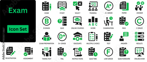 Silhouette vector of Exam icon set. Icons of test, score, quiz, questionnaire, results, pass, online exam and more. Solid icons set. 