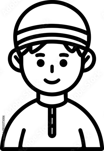 Smiling boy wearing traditional Muslim cap and kurta Black and white vector illustration
