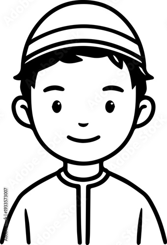 Smiling boy wearing traditional Muslim cap and kurta Black and white vector illustration
