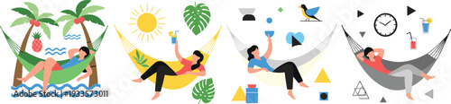 Professional character relaxing in a hammock on a tropical beach with palm trees cocktails and sun for travel and wellness flat vector illustration