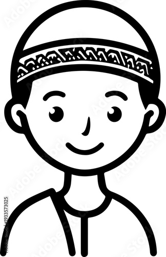 Smiling boy wearing traditional Muslim cap and kurta Black and white vector illustration
