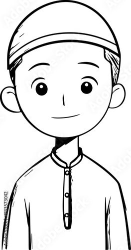 Smiling boy wearing traditional Muslim cap and kurta Black and white vector illustration
