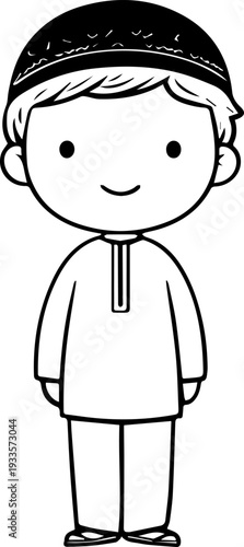 Smiling boy wearing traditional Muslim cap and kurta Black and white vector illustration
