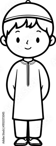 Smiling boy wearing traditional Muslim cap and kurta Black and white vector illustration
