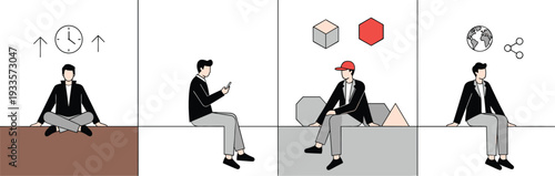 Male professional character journey from time management and mindfulness to digital networking and global social media sharing flat vector illustration