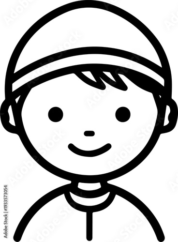 Smiling boy wearing traditional Muslim cap and kurta Black and white vector illustration
