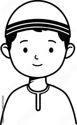 Smiling boy wearing traditional Muslim cap and kurta Black and white vector illustration
