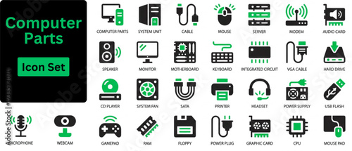 Silhouette vector of Computer Parts icon set. Computer hardware and PC components icon set. Vector black symbols of computer parts