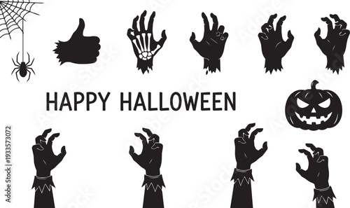 Spooky Happy Halloween Vector Graphic Set with Zombie Hands, Pumpkin, Spider Web, and Thumbs Up for Distinct Seasonal Designs