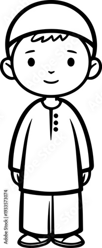 Smiling boy wearing traditional Muslim cap and kurta Black and white vector illustration
