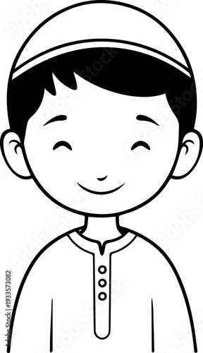 Smiling boy wearing traditional Muslim cap and kurta Black and white vector illustration
