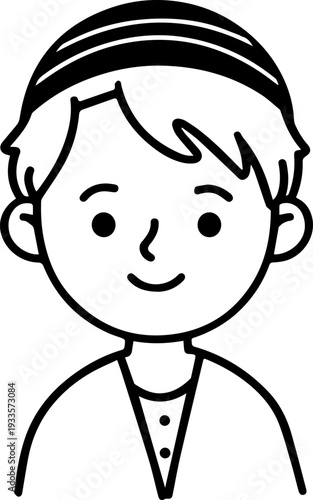 Smiling boy wearing traditional Muslim cap and kurta Black and white vector illustration
