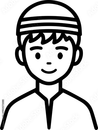 Smiling boy wearing traditional Muslim cap and kurta Black and white vector illustration
