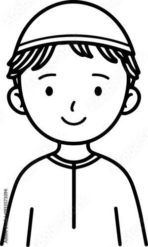 Smiling boy wearing traditional Muslim cap and kurta Black and white vector illustration
