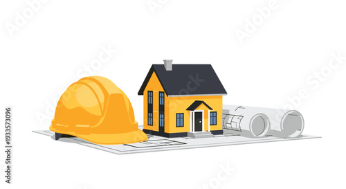 A bright yellow house with a dark roof, a yellow hard hat, and rolled blueprints are arranged on an architectural plan.